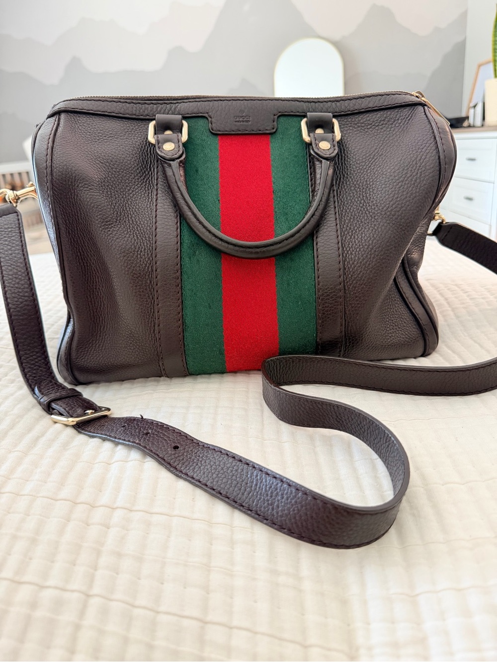 Gucci Vintage Web Medium Boston Bag Pebbled Leather Crossbody